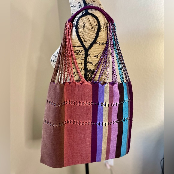 Handbags - ARTISAN : Handwoven Mexican Tote Bag Boho Colorblock Market Beach Bag NWOT